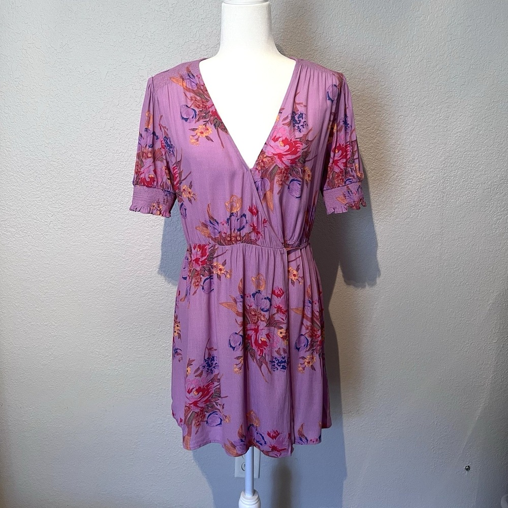 NWT Urban Outfitters Anna Crepe Purple Pink Wrap Mini Dress Puff Sleeve Size S